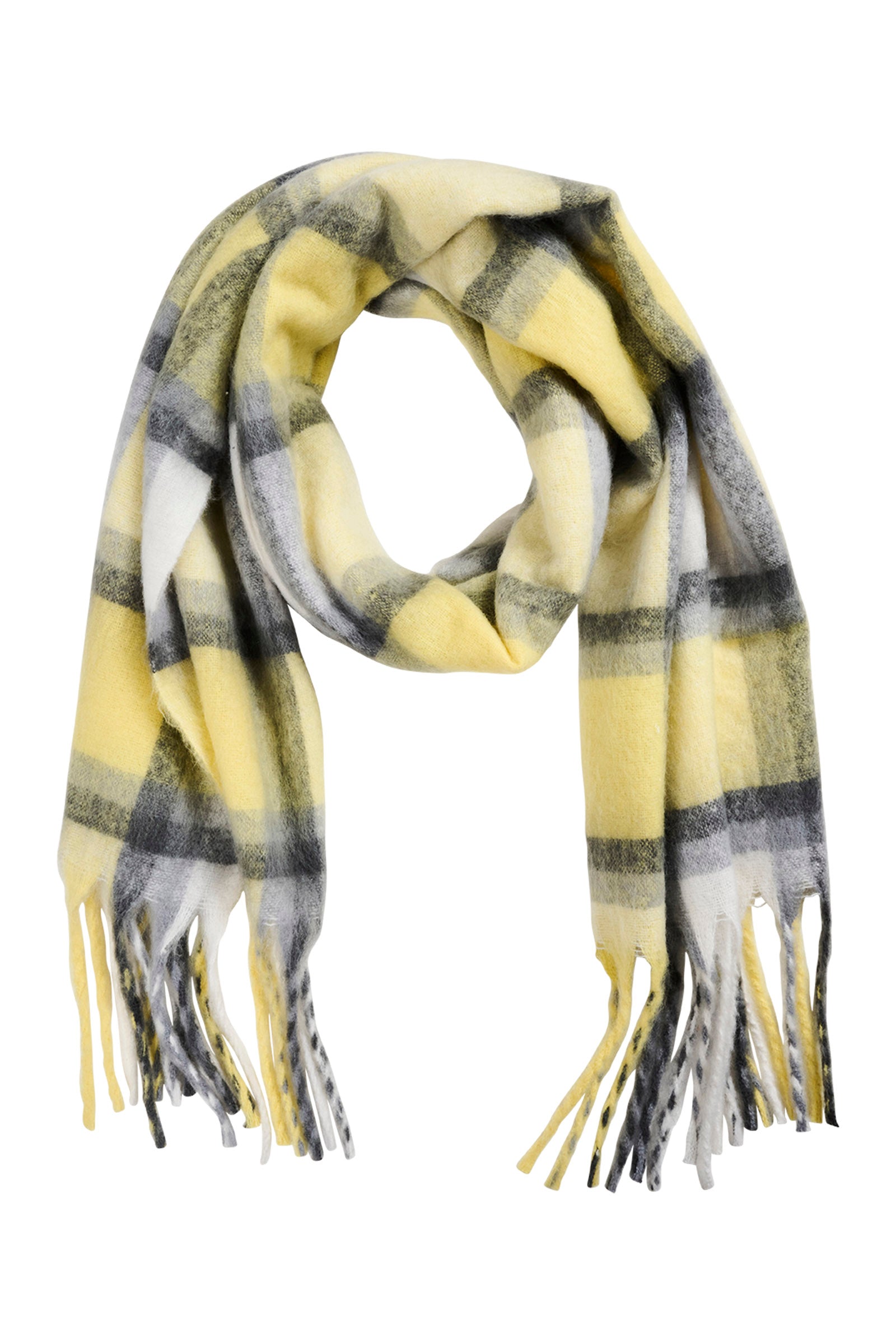 Image of Isle of Mine Plaid scarf with yellow and black stripes on a white background