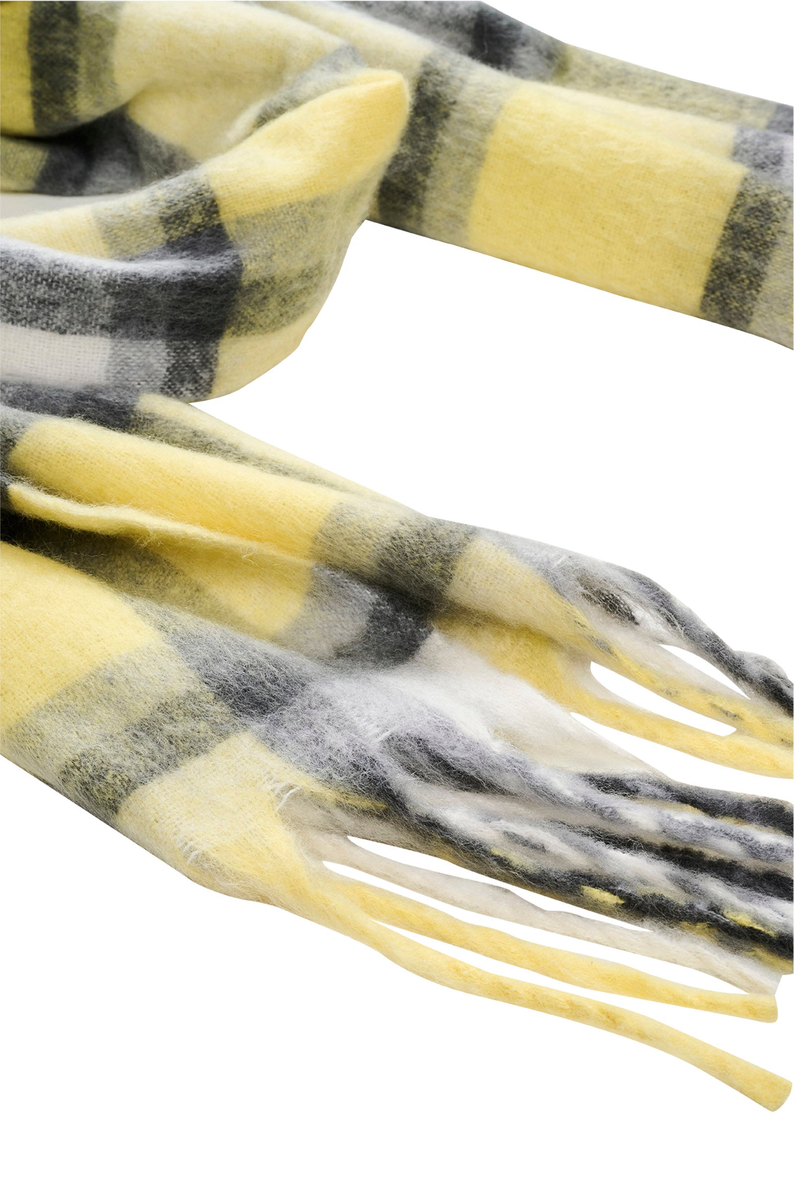 Isle of Mine Plaid scarf with yellow, black, and white colors on a white background