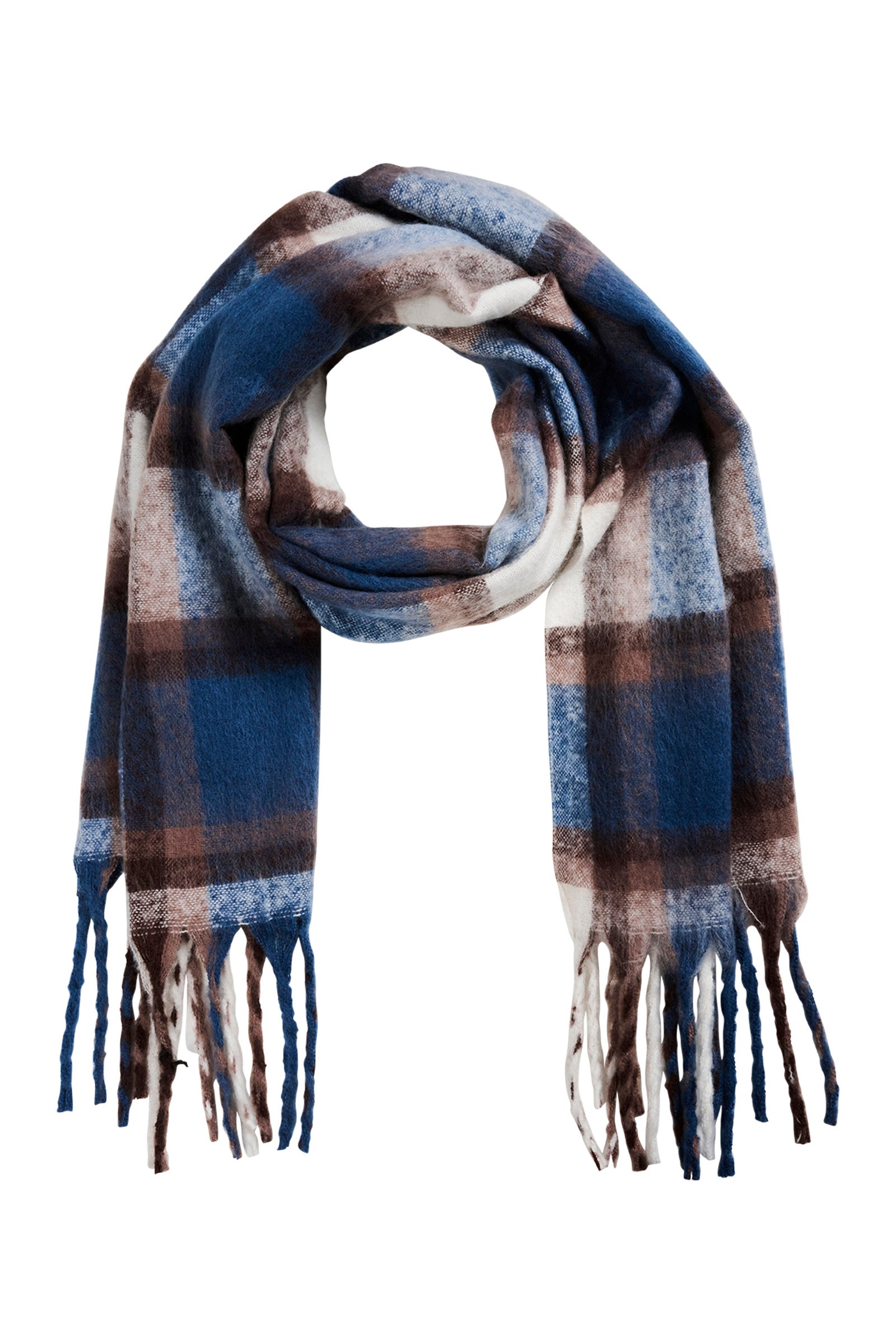 Image of Isle of Mine Plaid scarf with fringes on a white background