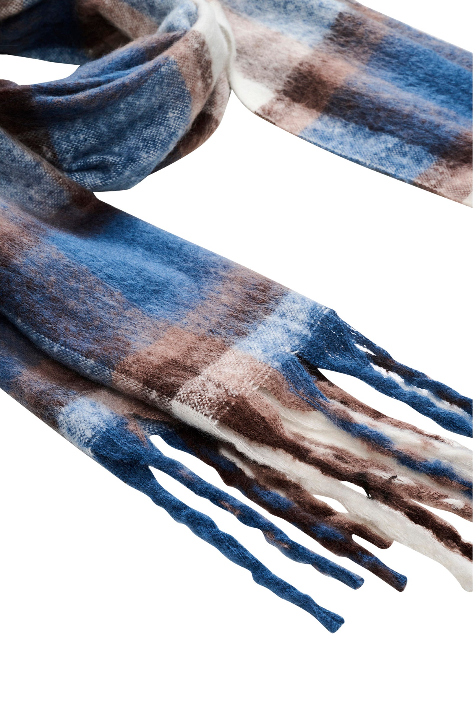 Image of Isle of Mine Plaid scarf with blue, brown, and beige colors on a white background