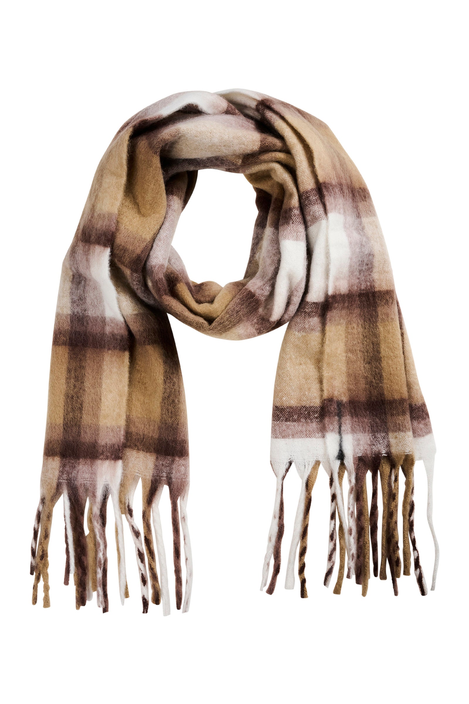 Isle of Mine Plaid scarf with fringes on a white background