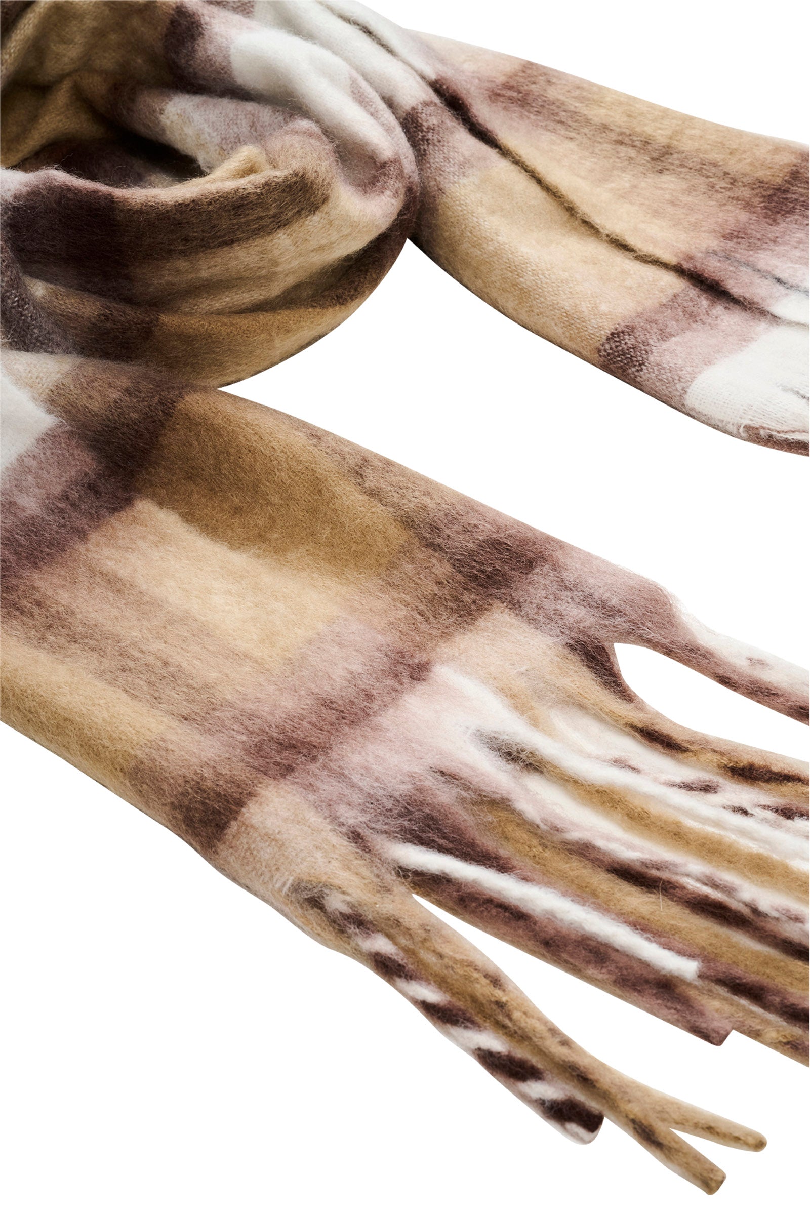 Image of Isle of Mine Plaid scarf with brown, beige, and white colors on a white background