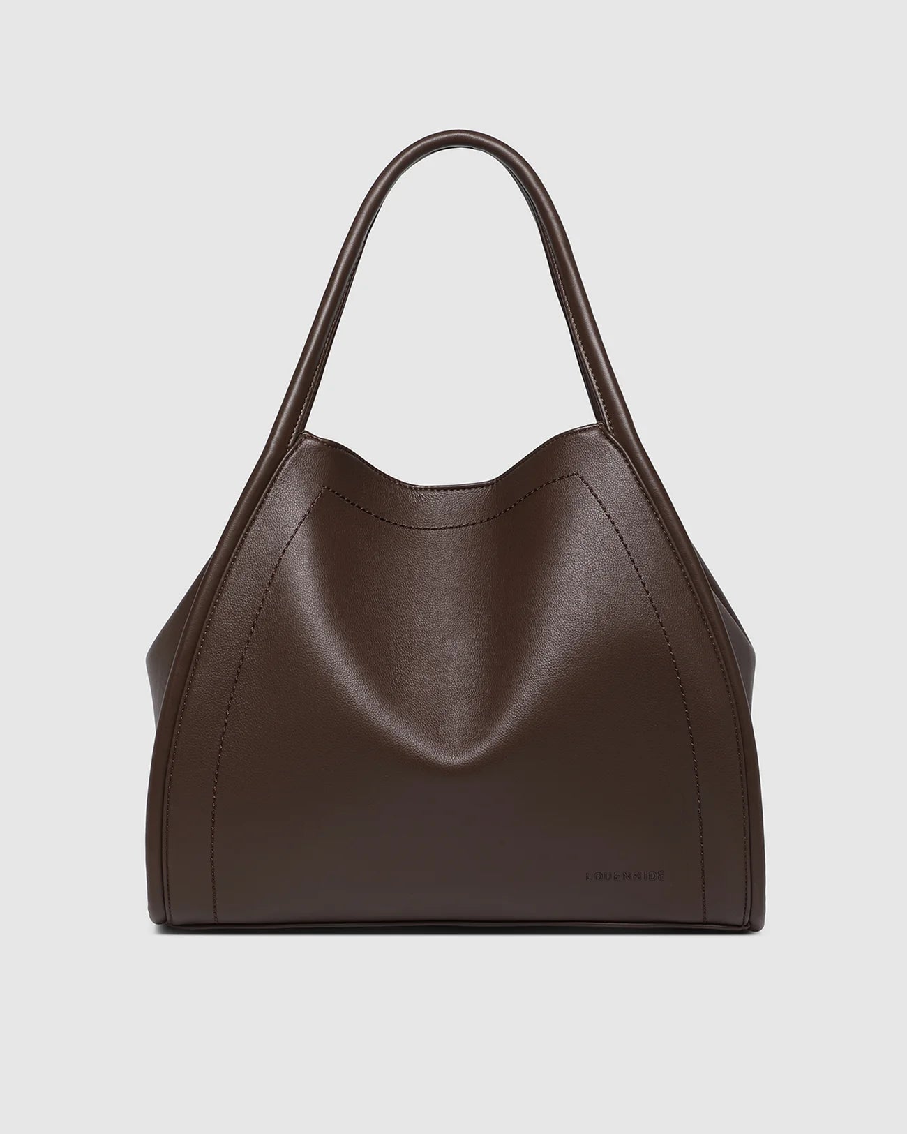 Collection of Louenhide brown leather handbag on a light gray background in a gallery layout