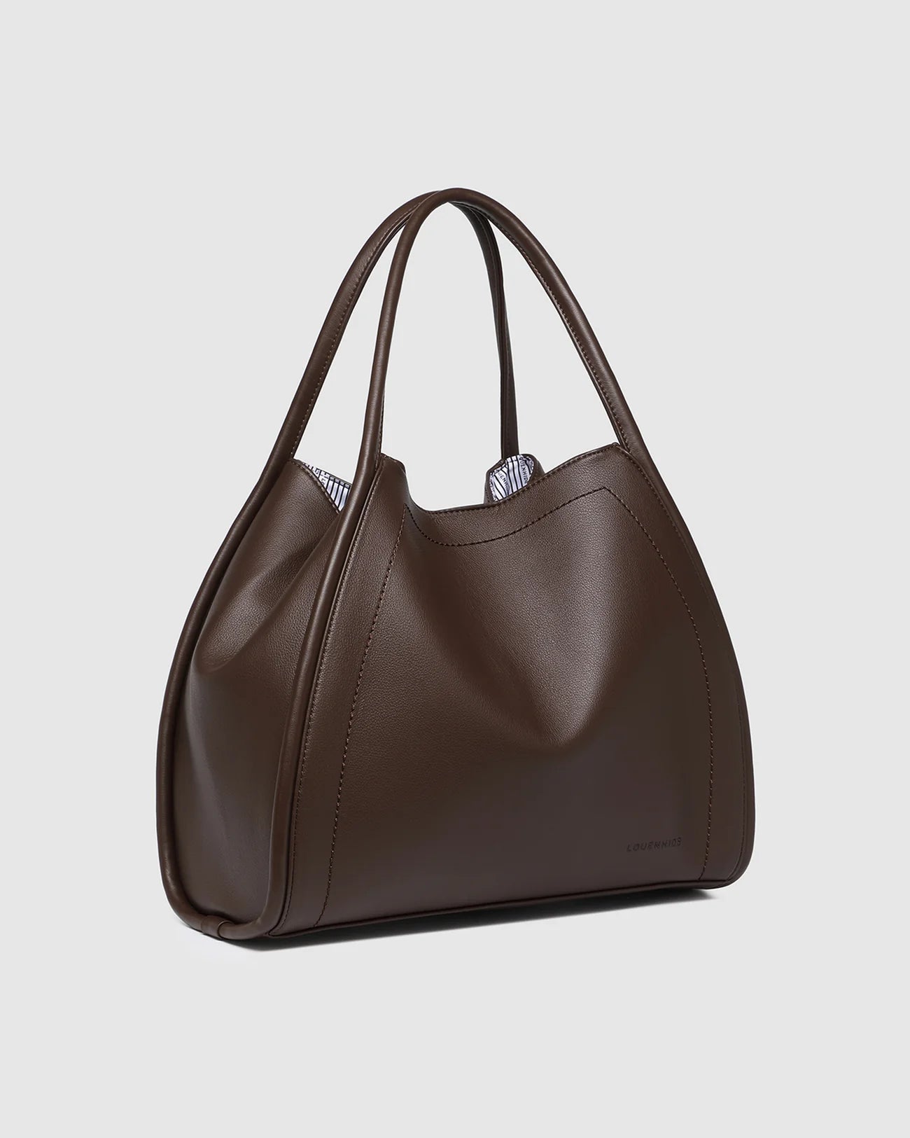 Collection of Louenhide brown leather handbag on a light gray background in a gallery layout