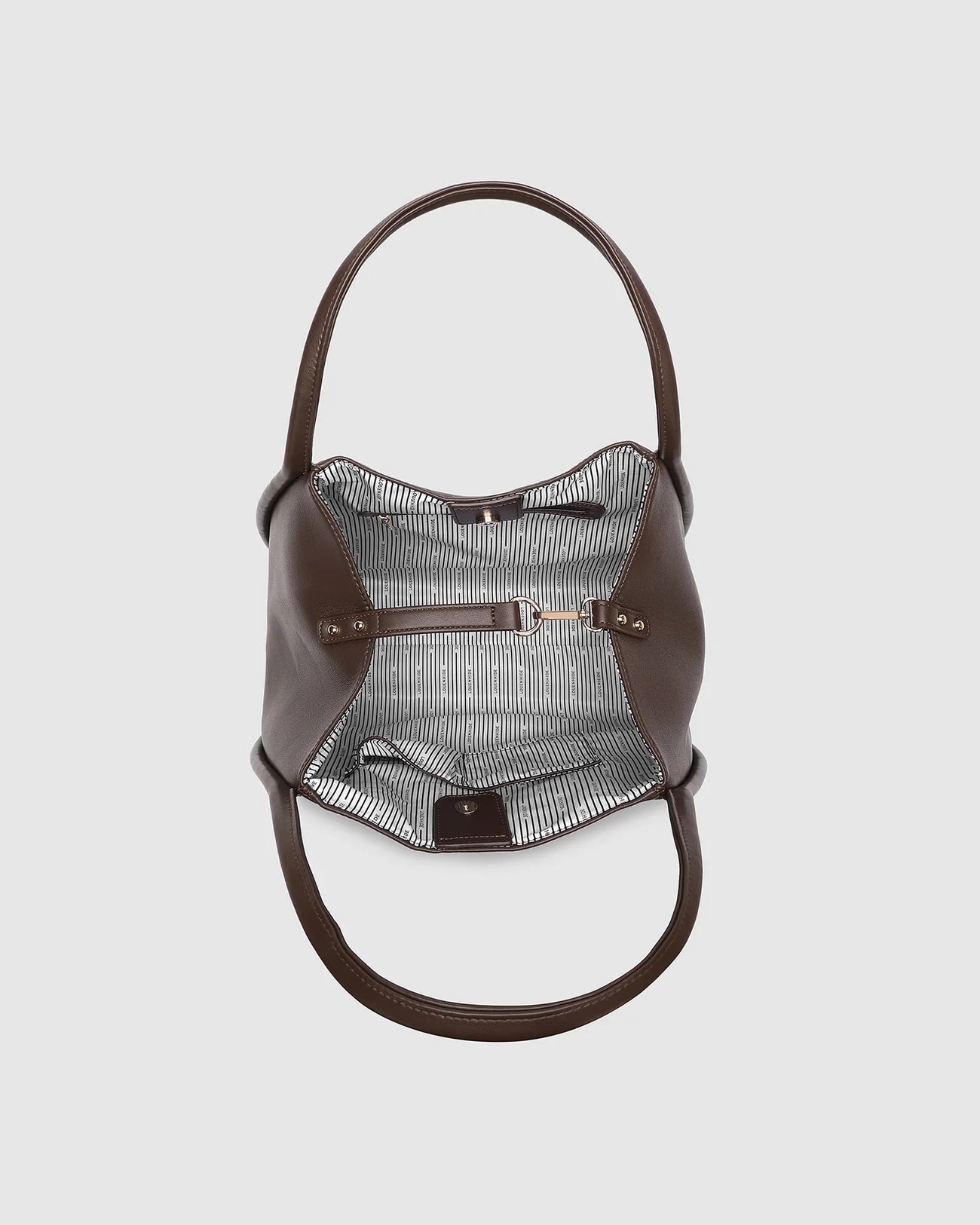 Collection of Louenhide brown leather handbag with a textured pattern on a light gray background in a gallery layout
