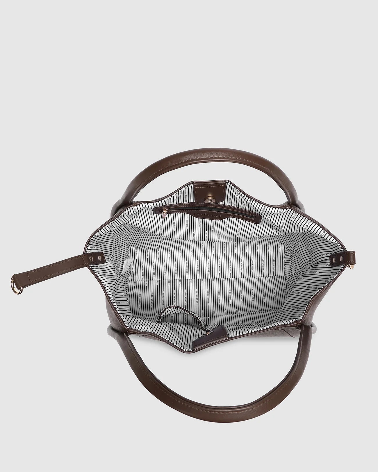 Collection of Louenhide handbag with brown leather straps on a light gray background in a gallery layout