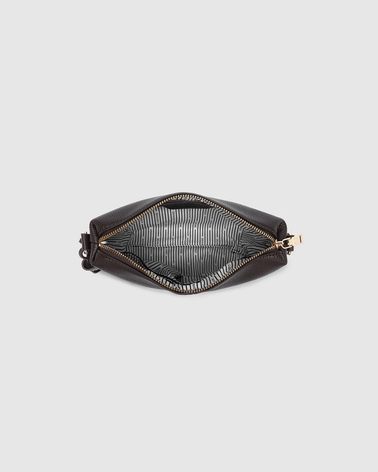 Collection of Louenhide brown leather pouch with gold zipper on a light gray background in a gallery layout
