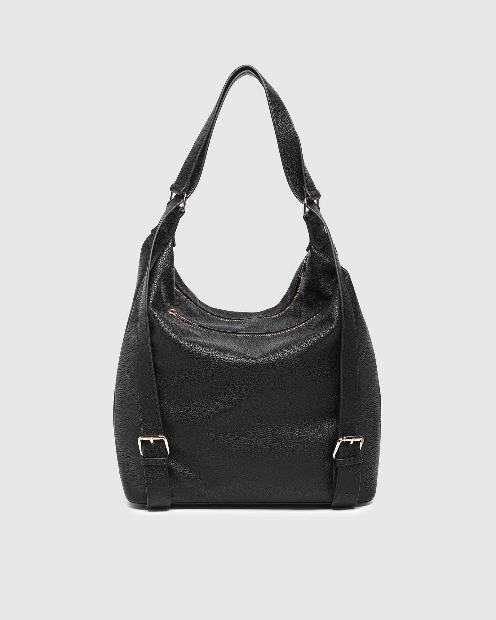 Louenhide black handbag with gold buckles on a light gray background