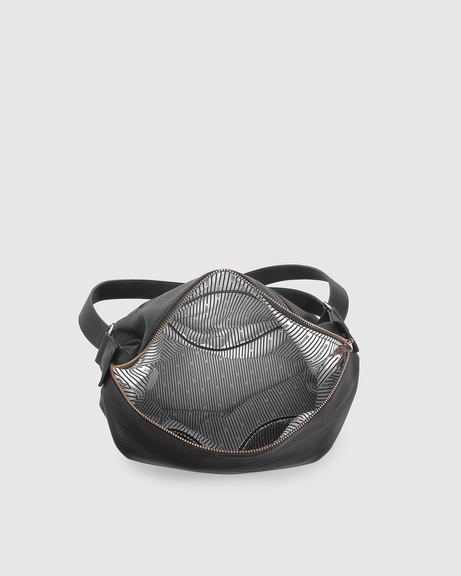 Louenhide black leather handbag with a textured pattern on a light gray background