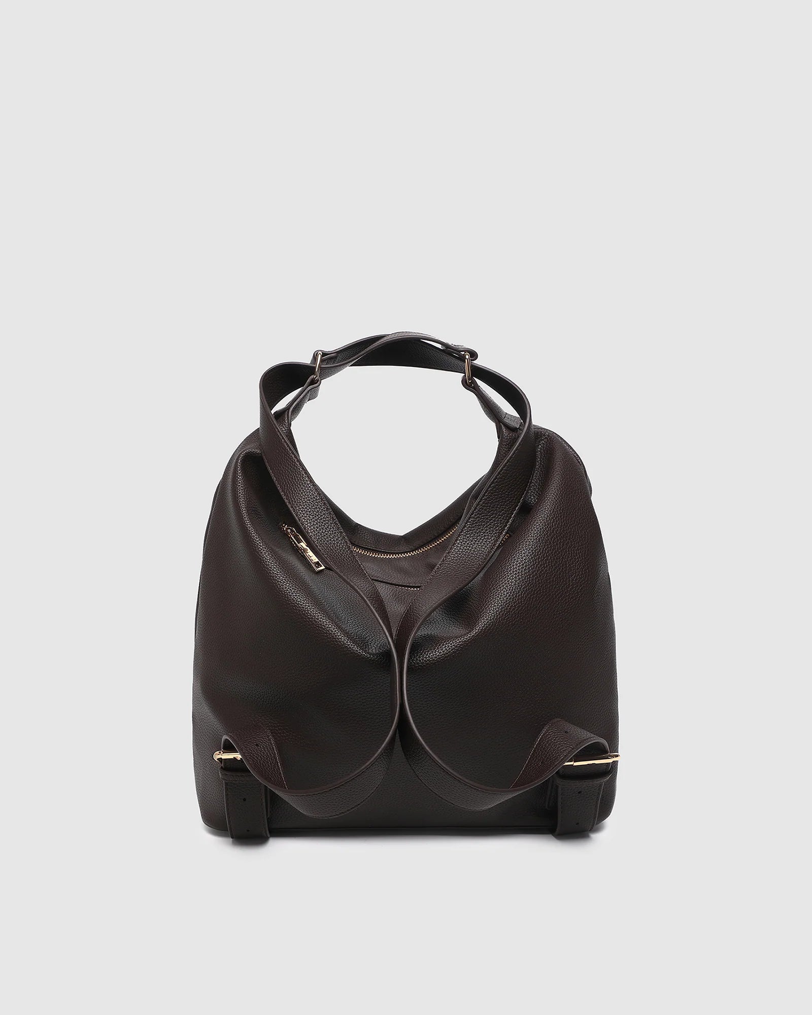 Image of Louenhide dark brown leather slouchy shoulder bag with a top handle and gold-tone hardware, shown against a light gray background.
