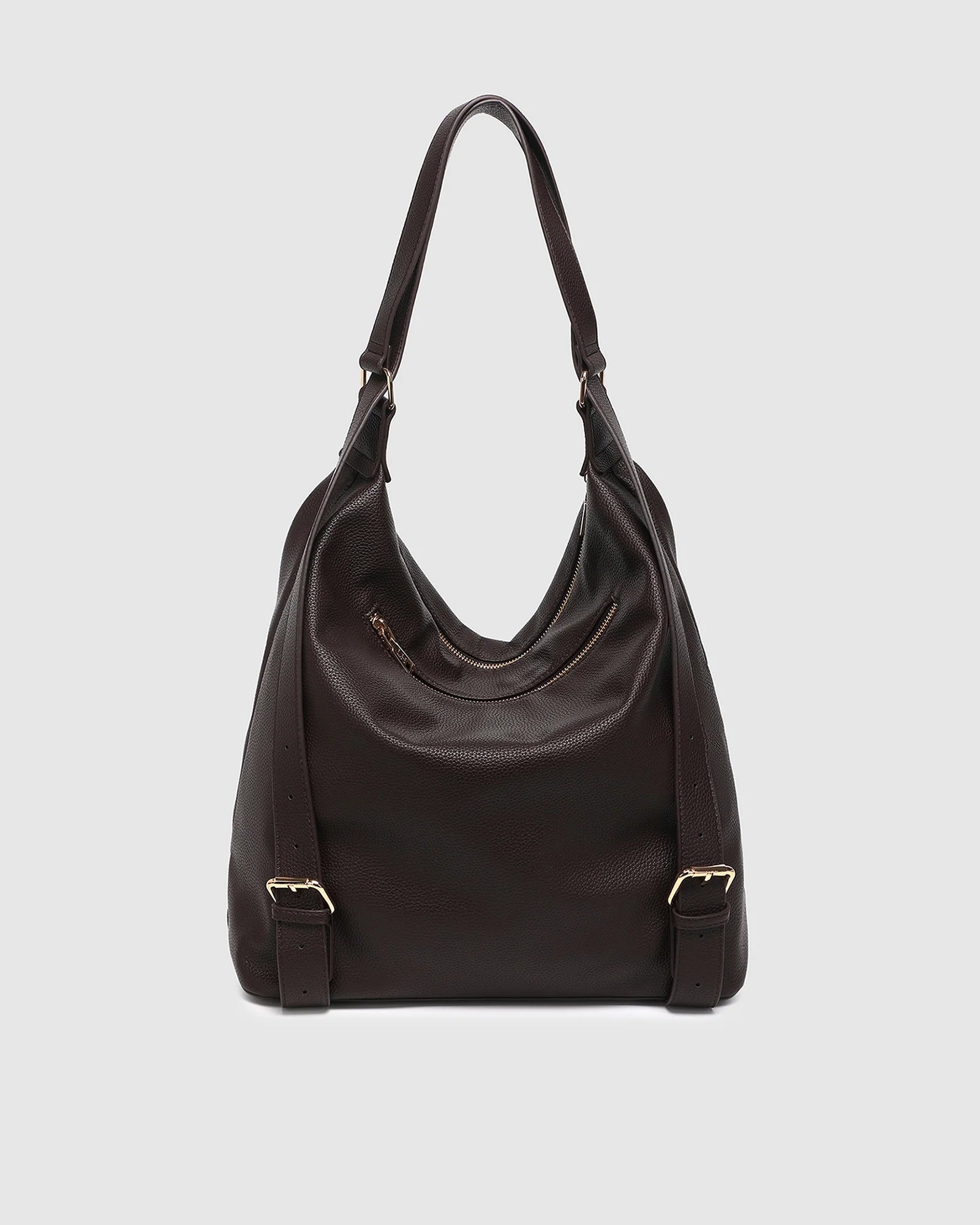 Image of Louenhide brown handbag with gold buckles on a light gray background