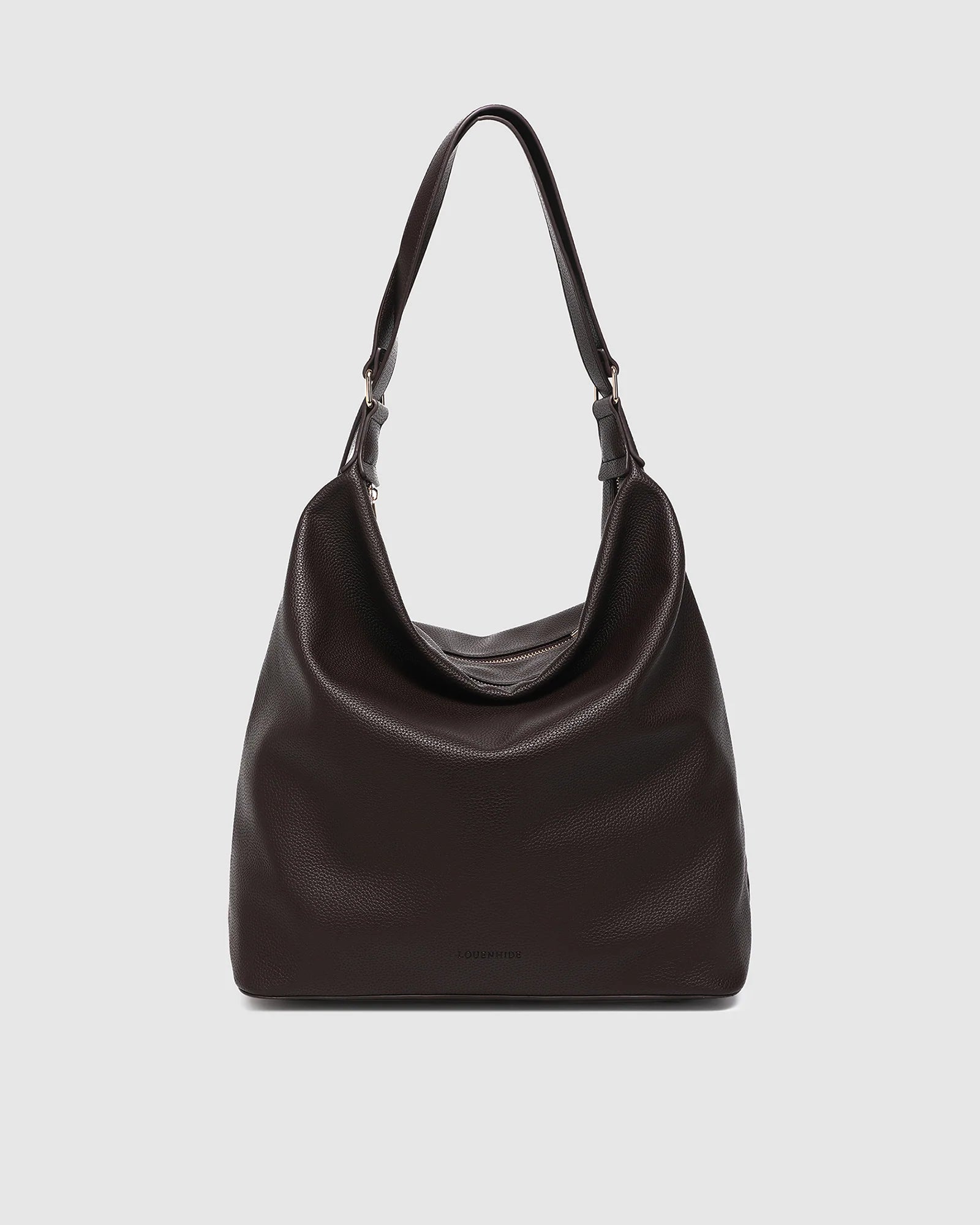 Image of Louenhide dark brown leather handbag on a light gray background