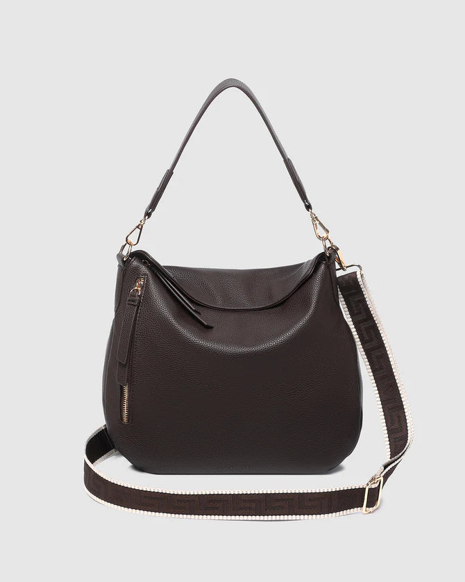 Collection of Louenhide chocolate handbag with a strap on a light gray background in a gallery layout