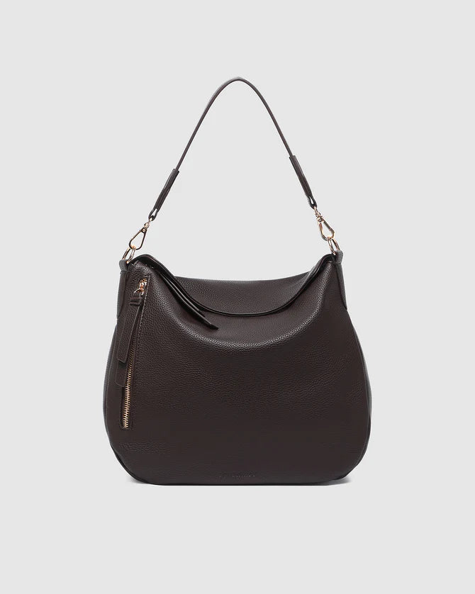 Collection of Louenhide brown leather handbag with a shoulder strap on a light gray background in a gallery layout