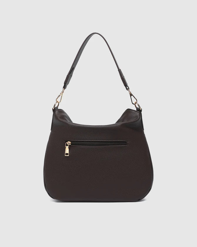 Collection of Louenhide brown handbag with a gold zipper on a light gray background in a gallery layout