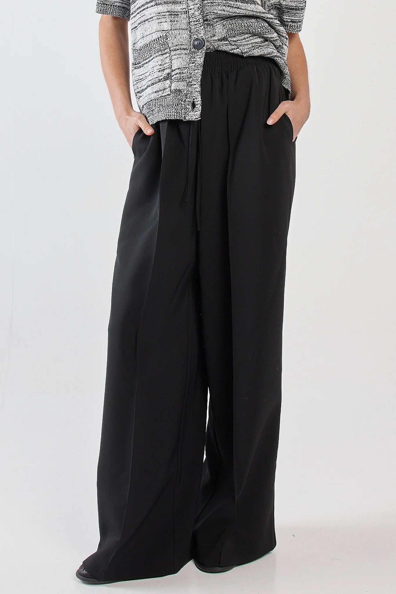 Image of Woman wearing Sass black wide-leg pants and a patterned top on a white background