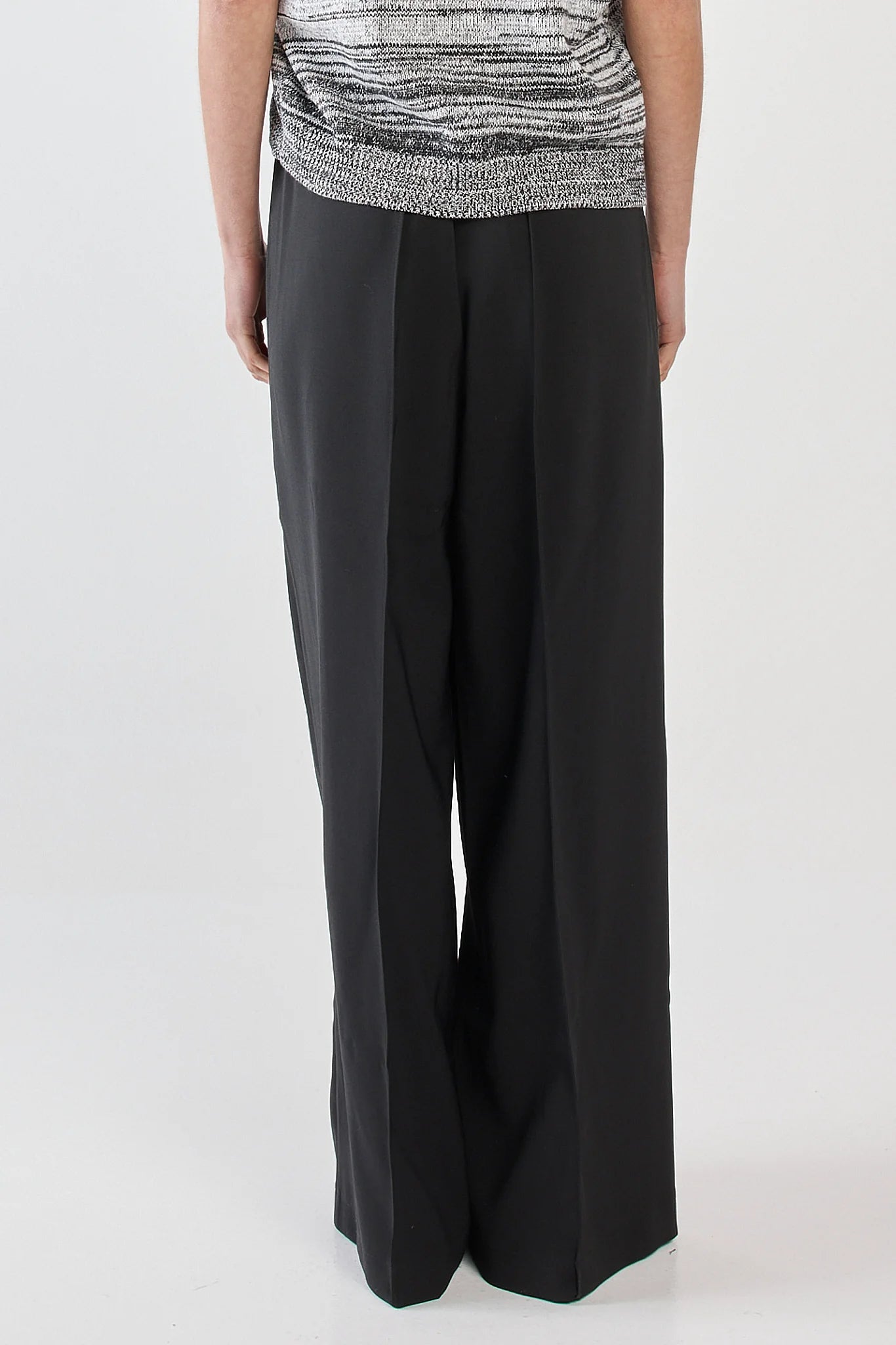 Image of Sass Black wide-leg pants worn by a woman on a white background