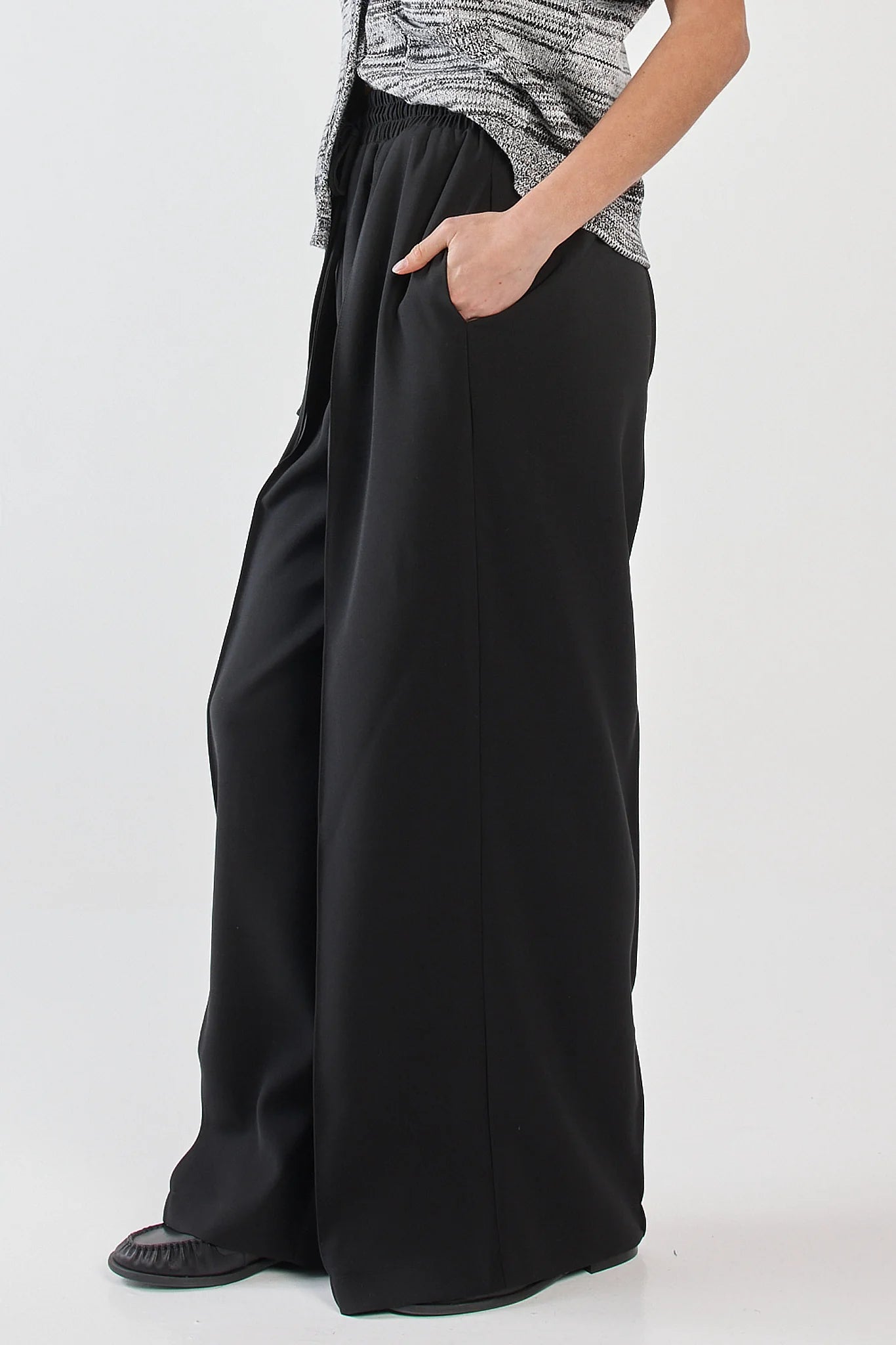 Image of Woman wearing Sass black wide-leg pants on a white background