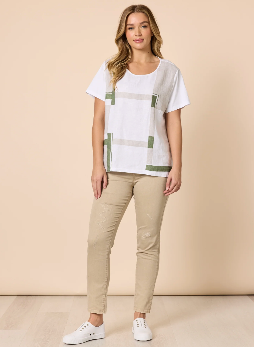 Collection of Clarity Geometric Top - White/ Basil in a gallery layout