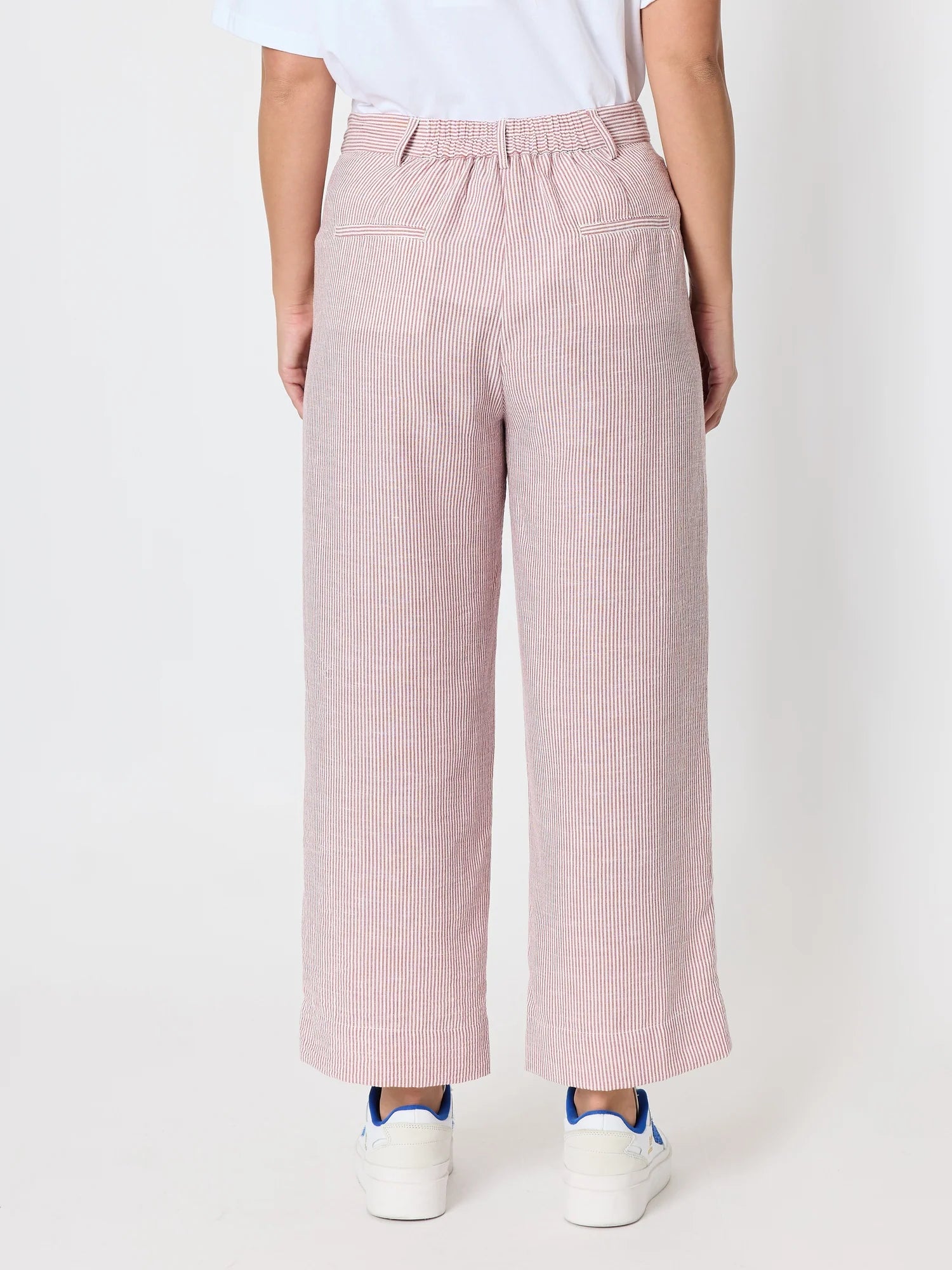 Image of A woman shown from the waist down wearing Threadz light pink wide-leg cropped pants with an elastic waistband, paired with a white top and white sneakers with blue accents, against a plain white studio background.