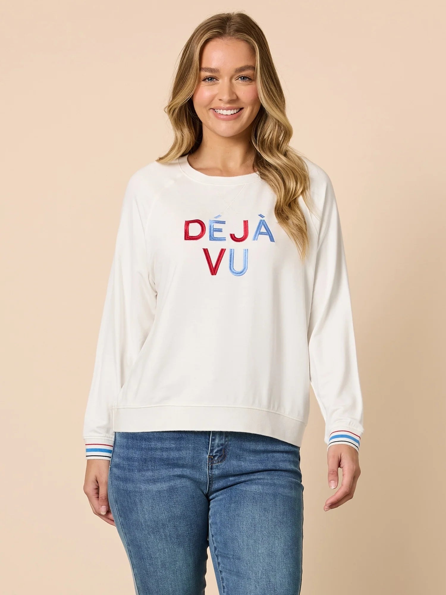 Women wearing Threadz white crewneck with colourful embroidery 