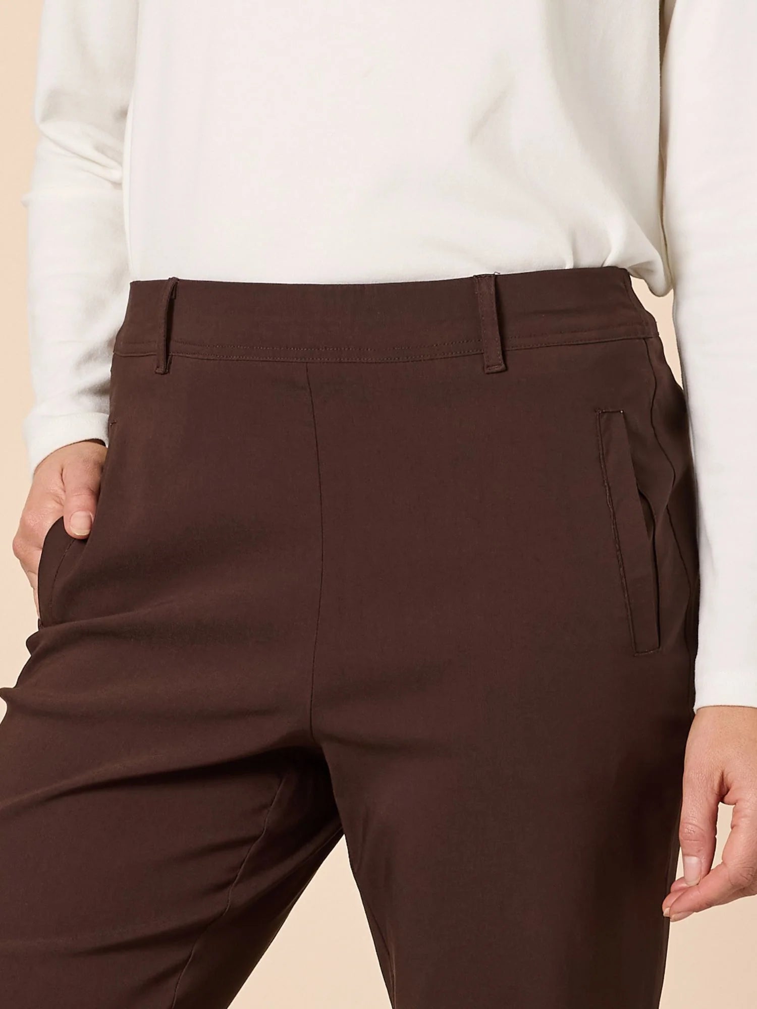 Image of Threadz Brown pants worn by a woman on a beige background
