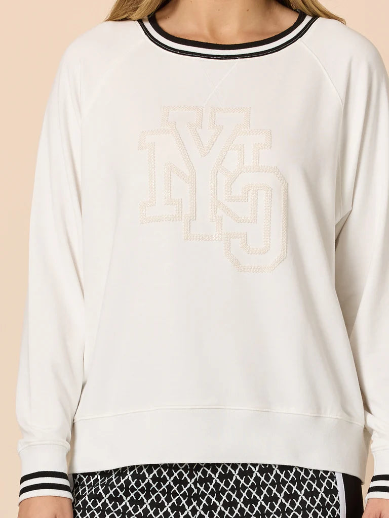 Image of Threadz White sweatshirt with a logo on a beige background
