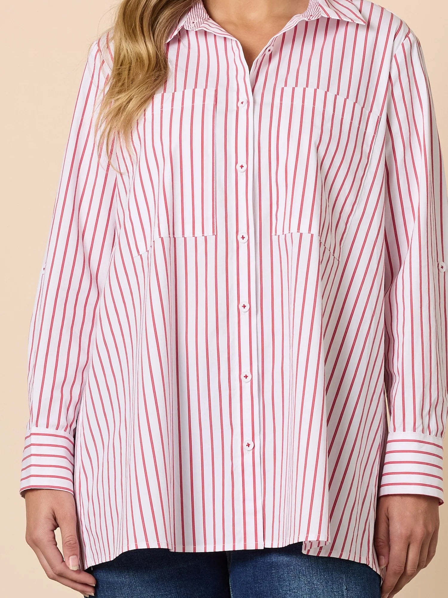 Collection of Threadz Red and white striped shirt worn by a person on a beige background in a gallery layout