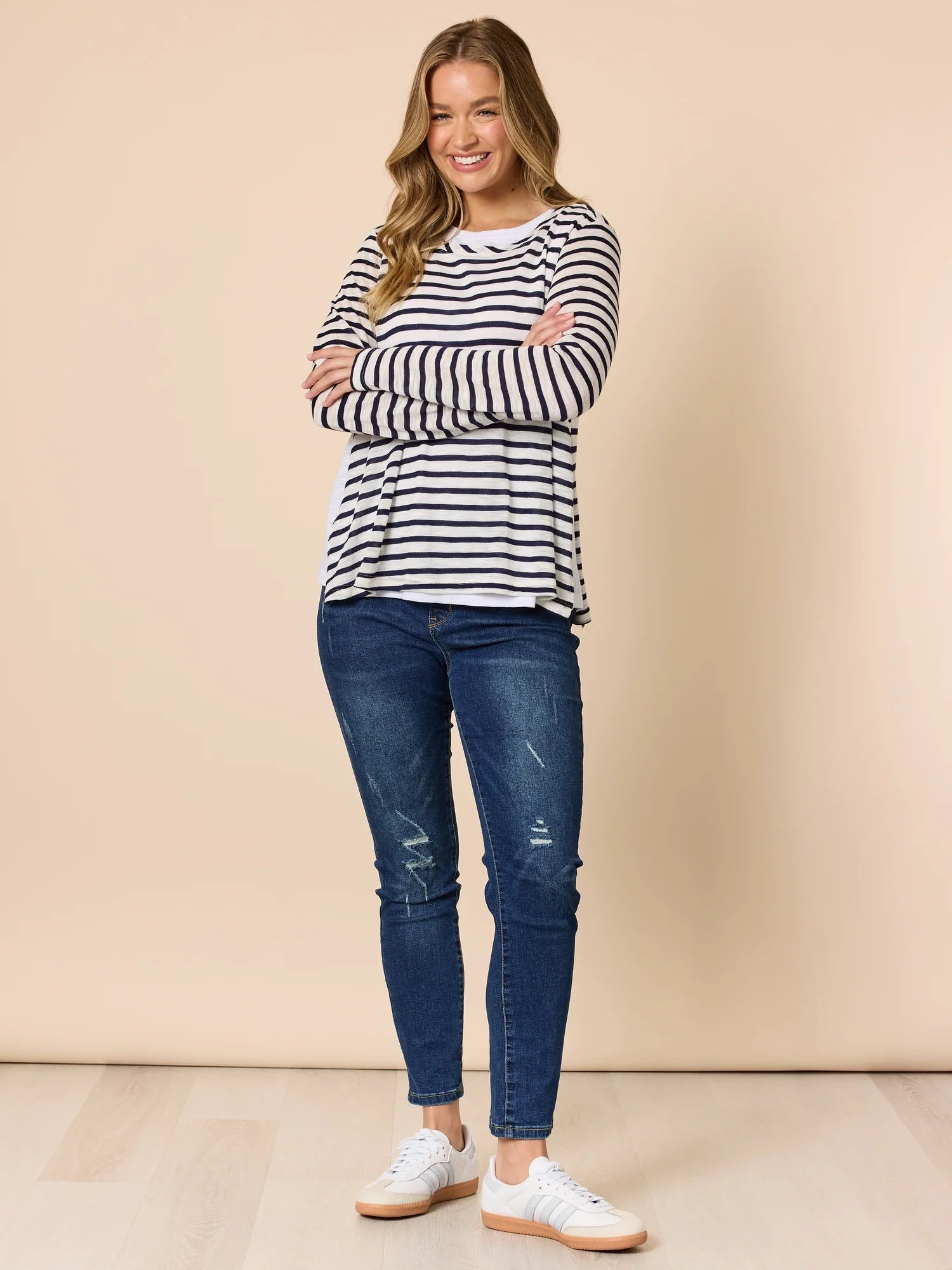 Women wearing Threadz Navy and White Stripe Top 