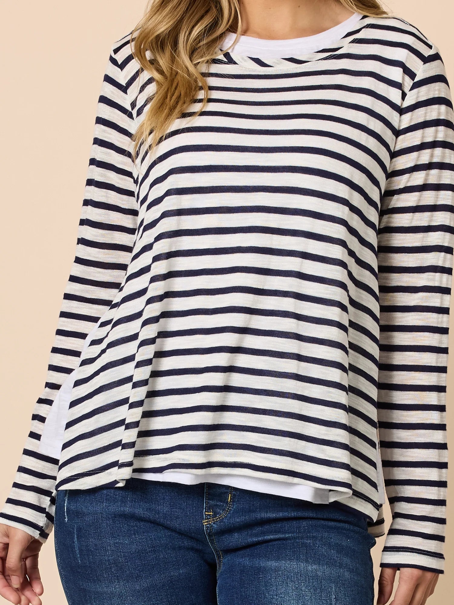 Women wearing Threadz Navy and White Stripe Top 