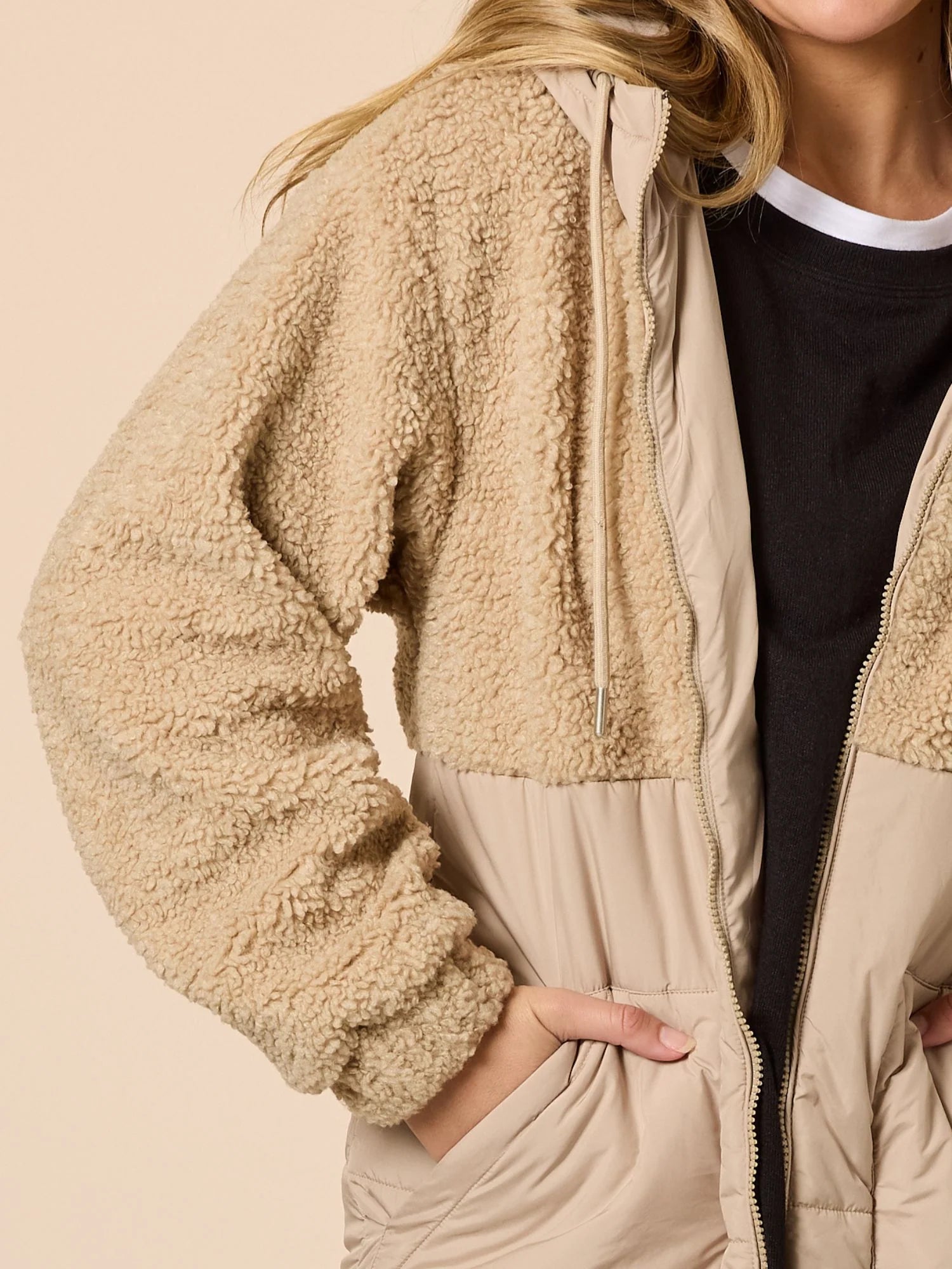 Image of Threadz Beige sherpa jacket worn by a woman on a beige background