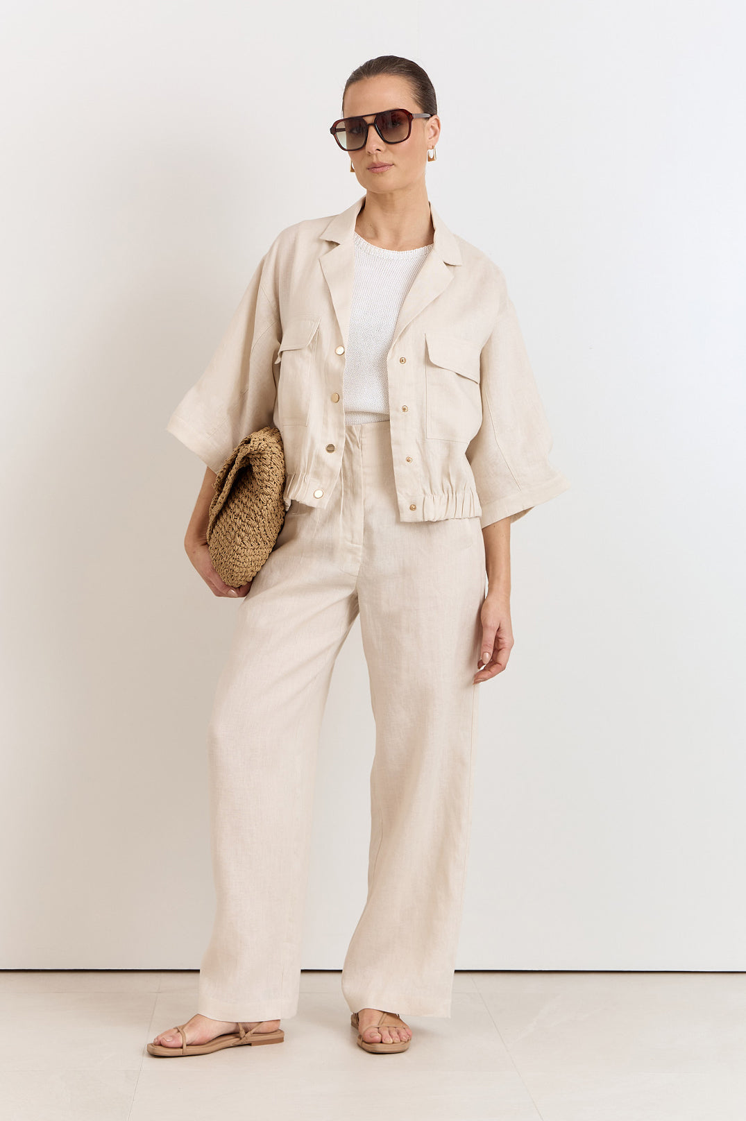 Image of Adorne Arlie Front Pocket Linen Top - Stone