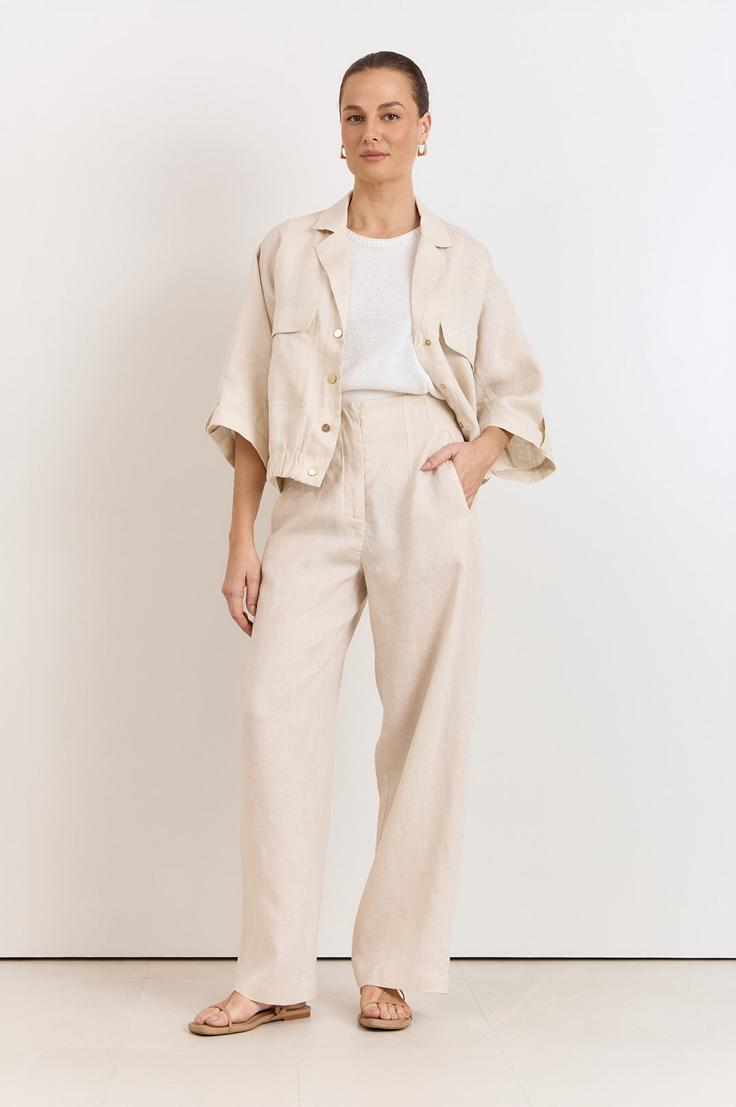 Adorne Arlie Front Pocket Linen Top - Stone