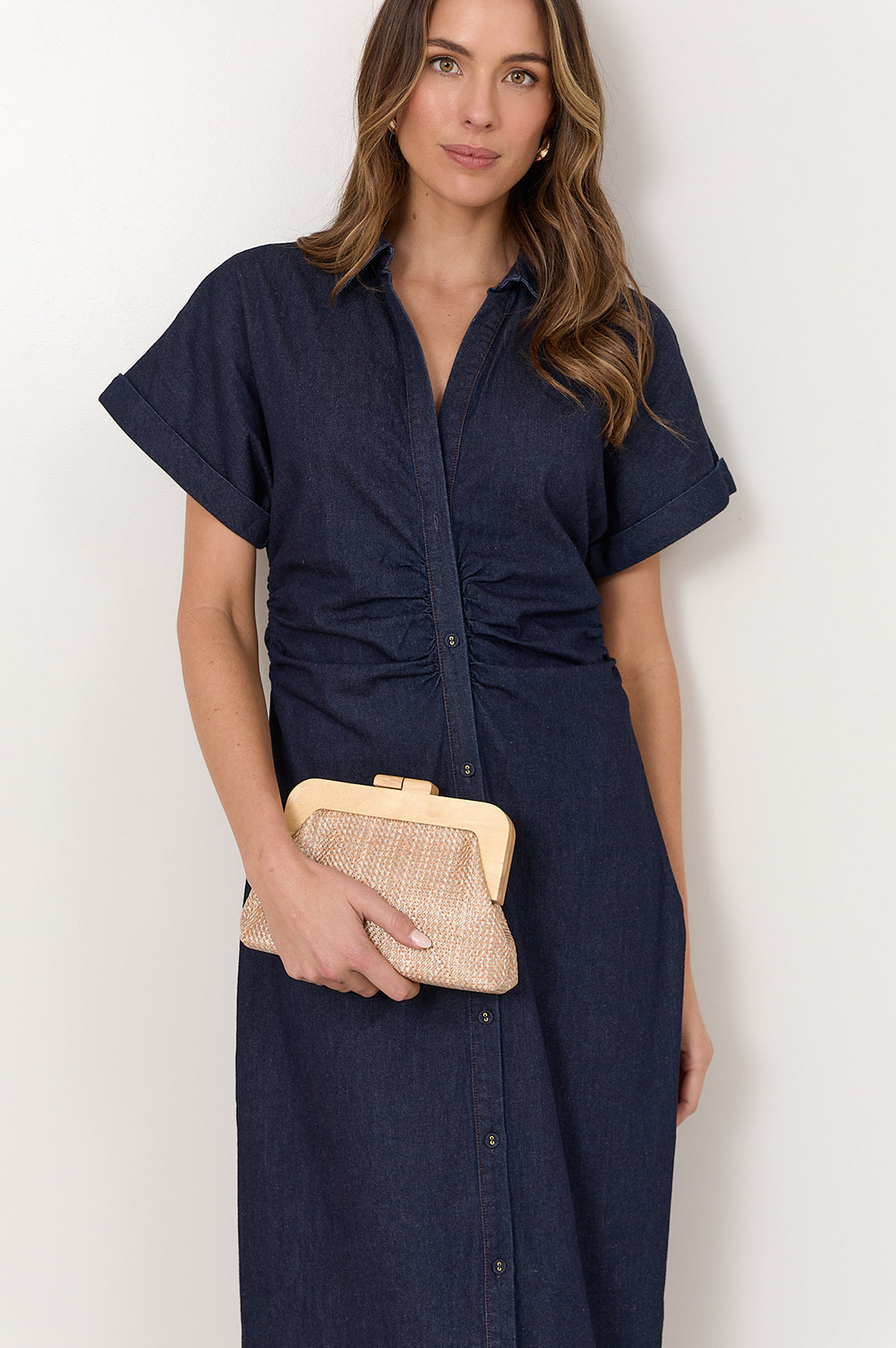 Image of Adorne Augusta Timber Frame Clutch - Peach/Multi