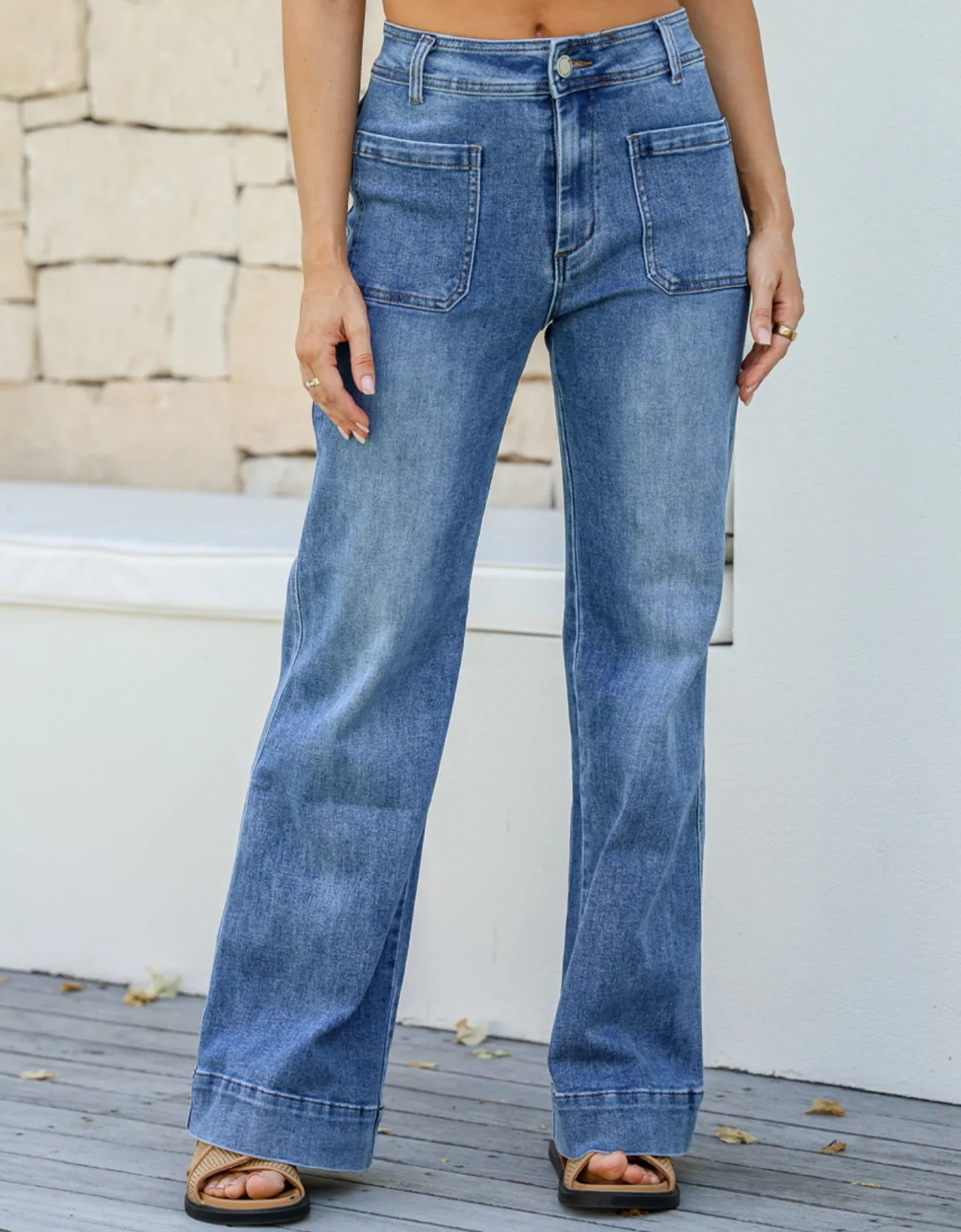 Image of Country Denim Front Pocket Stretch Wide Leg Jean 622 - Mid Blue