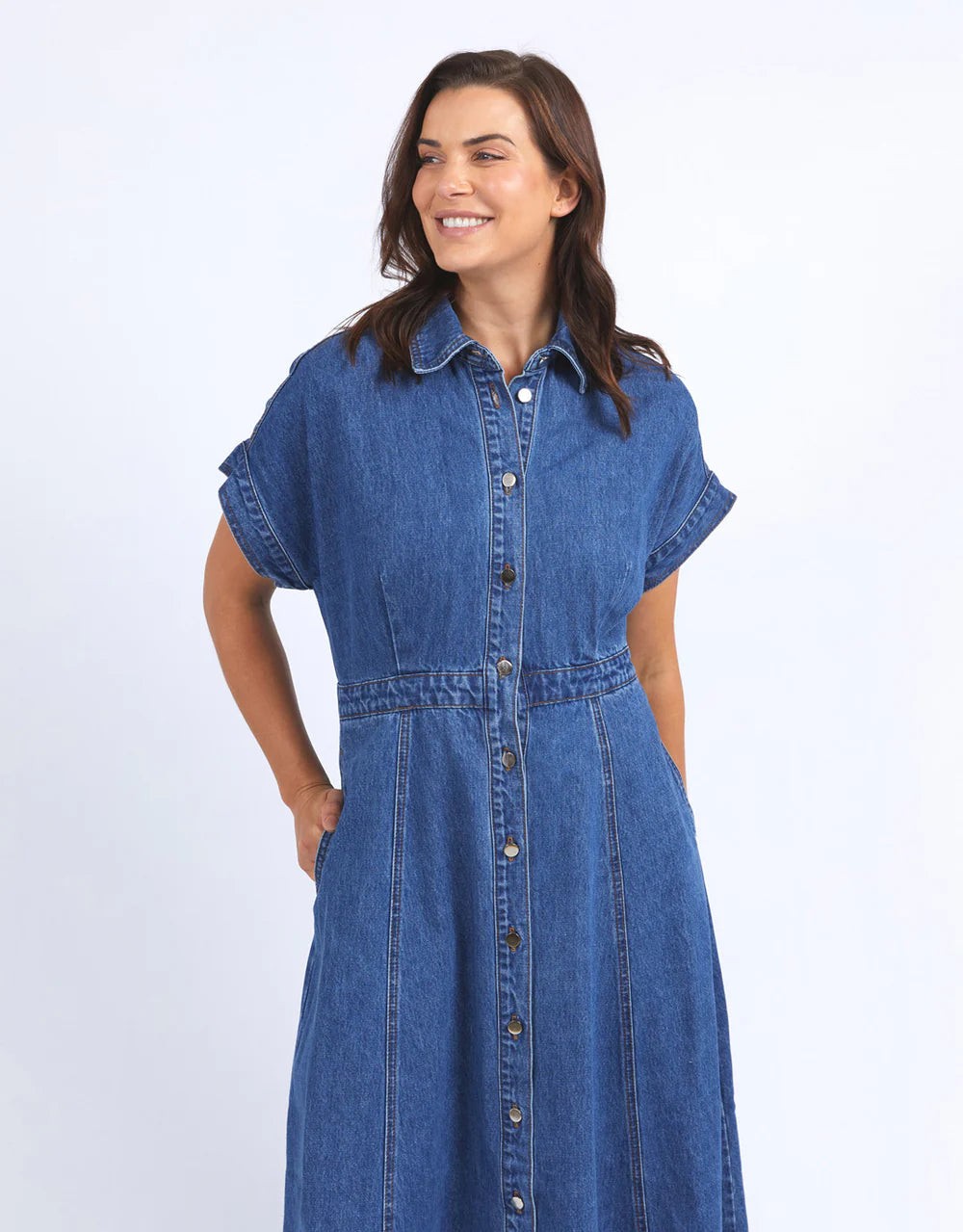 Collection of Elm Aimee Denim Dress - Mid Blue Wash in a gallery layout