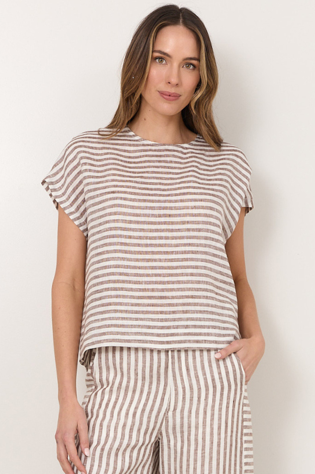 Adorne Emmerson Stripe Linen Top - Chocolate/ White