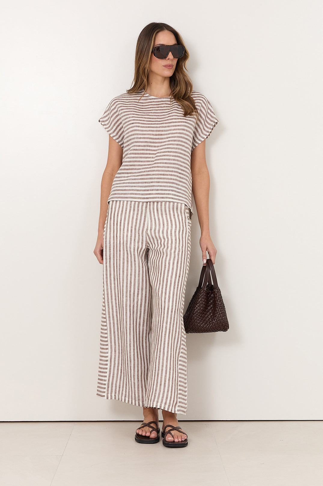 Image of Adorne Emmerson Stripe Linen Top - Chocolate/ White