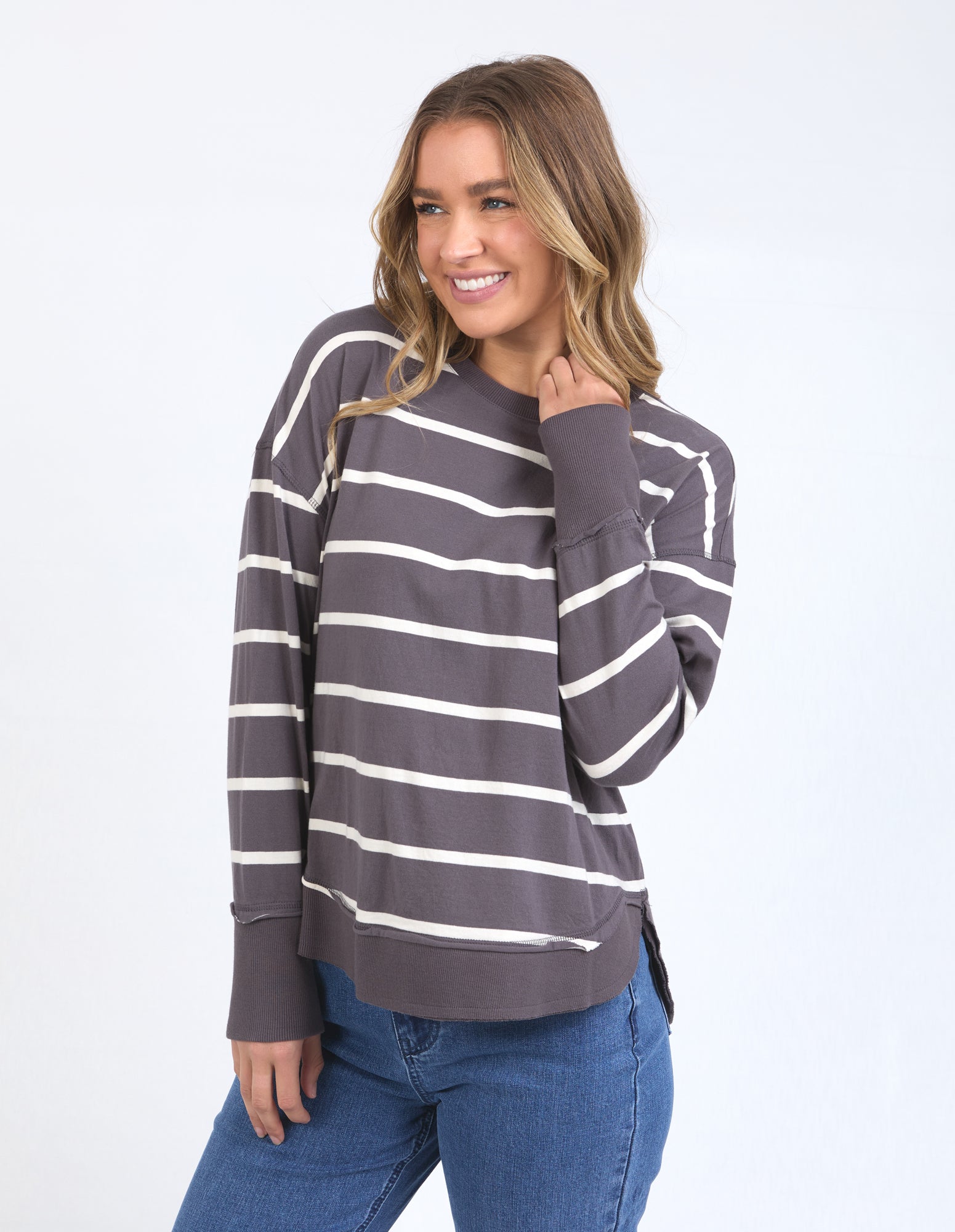 Foxwood Farrah Long Sleeve - Dark Grey/Vintage White Stripe