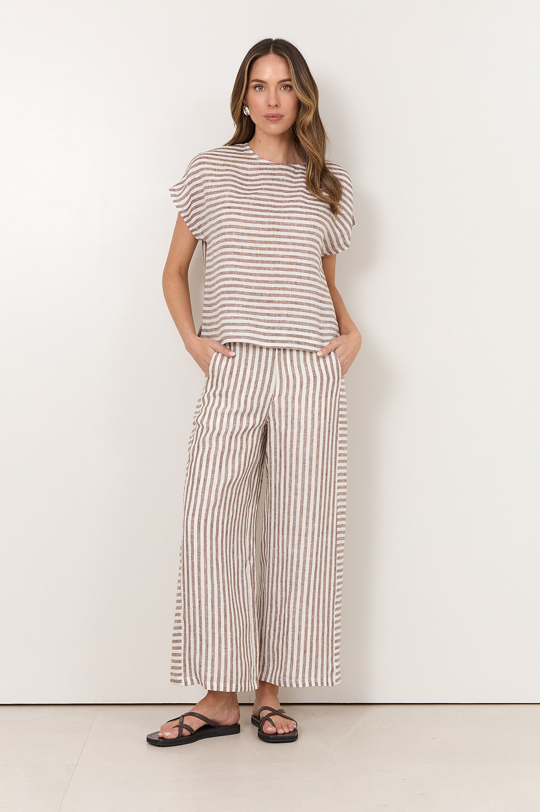 Image of Adorne Gabriella Stripe Linen Pant - Chocolate/ White