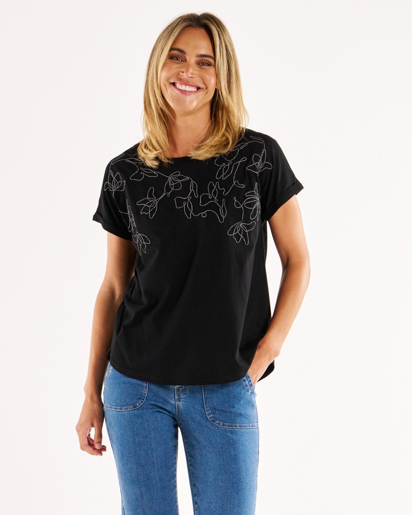 Collection of hailey-short-sleeve-tee-black-embellished-BB2026-4 in a gallery layout