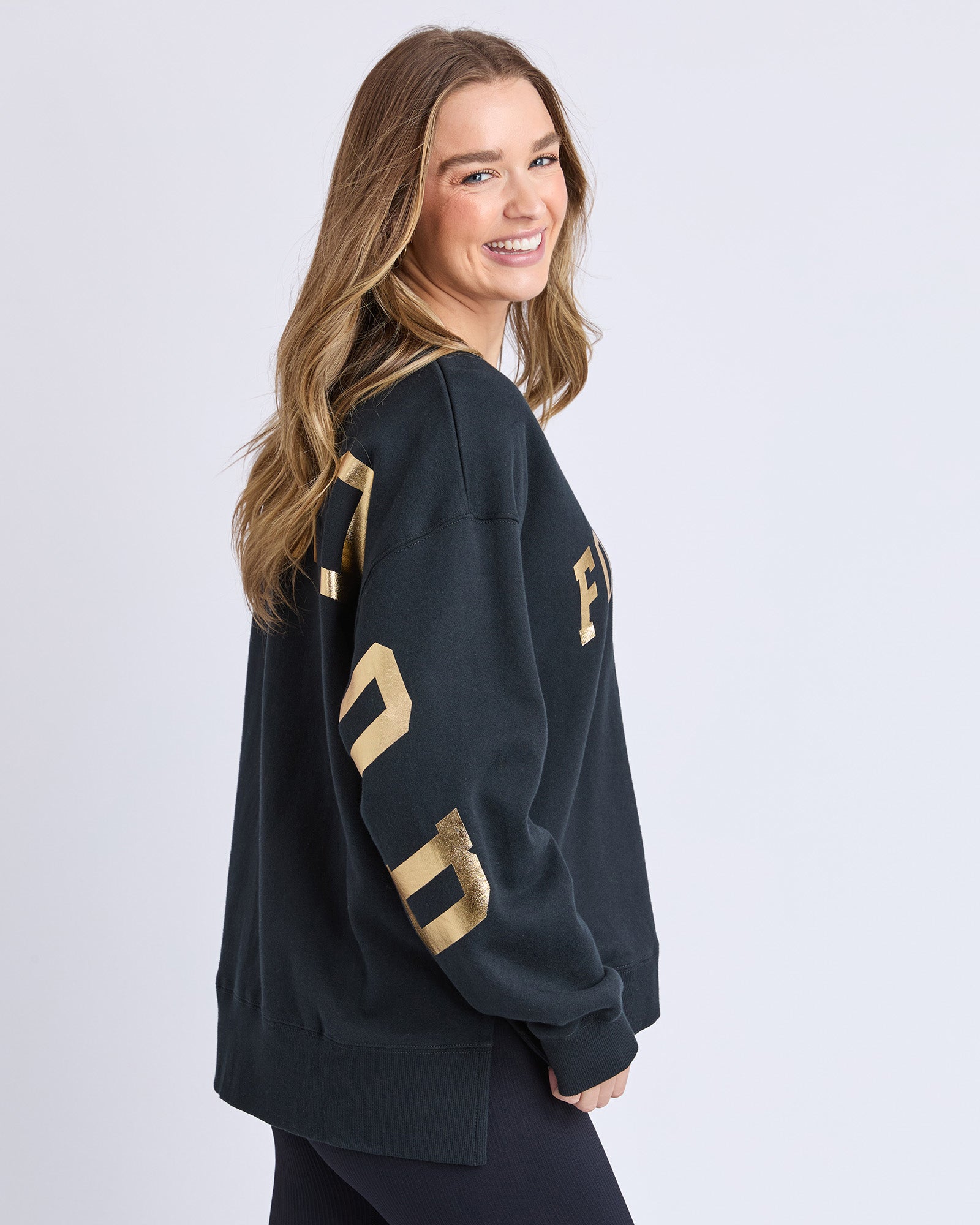 Collection of Foxwood Metallic Interval Crew Jumper - Black with Gold in a gallery layout