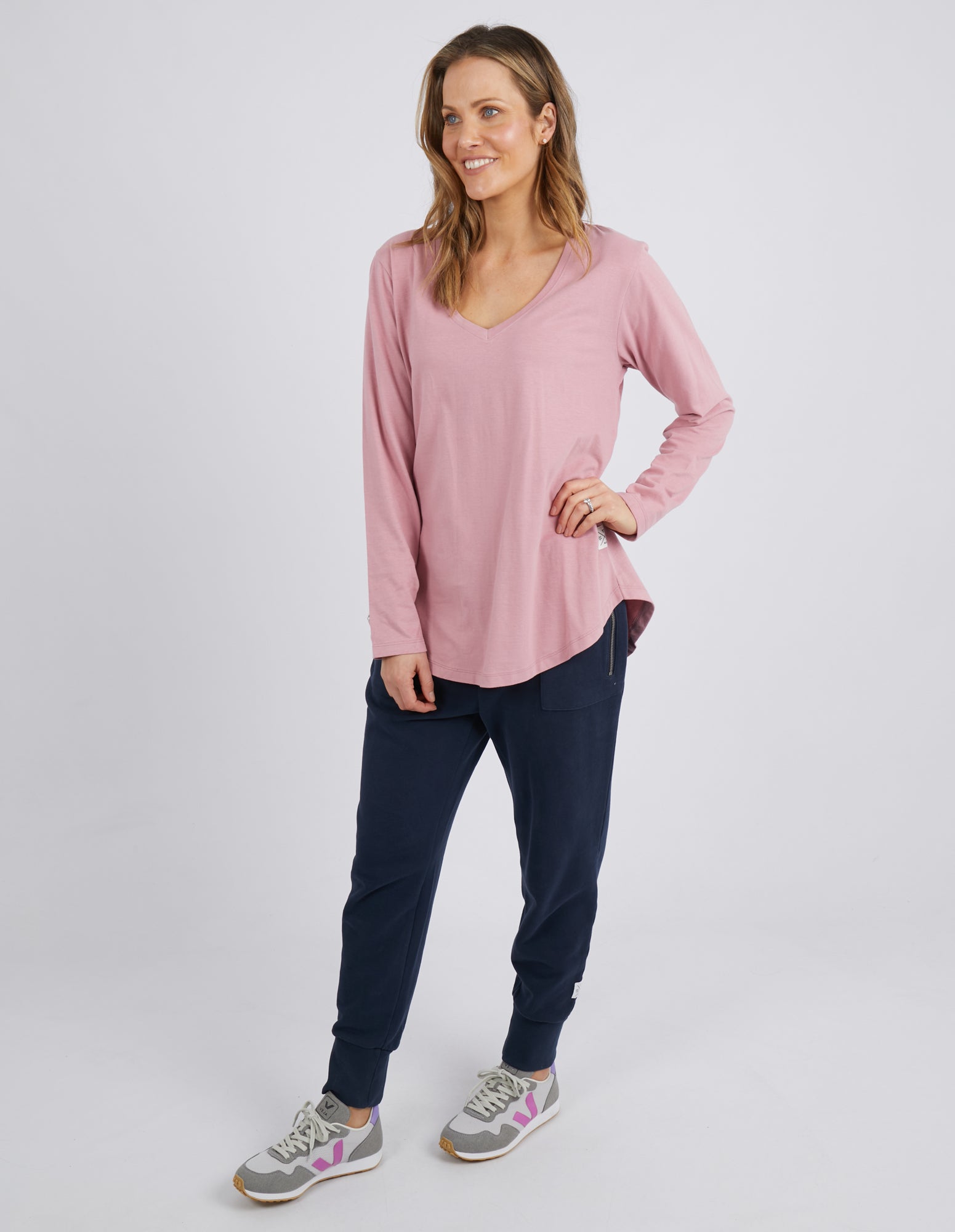 Collection of Elm Peachy Long Sleeve Vee Tee - Dusty Pink in a gallery layout